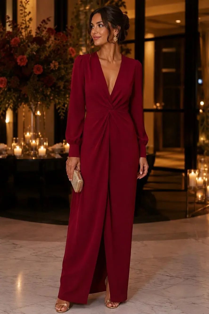 NWTโHarlyn Burgundy Twist Front Long Sleeve Maxi Dress Deep V Formal Gown Size S